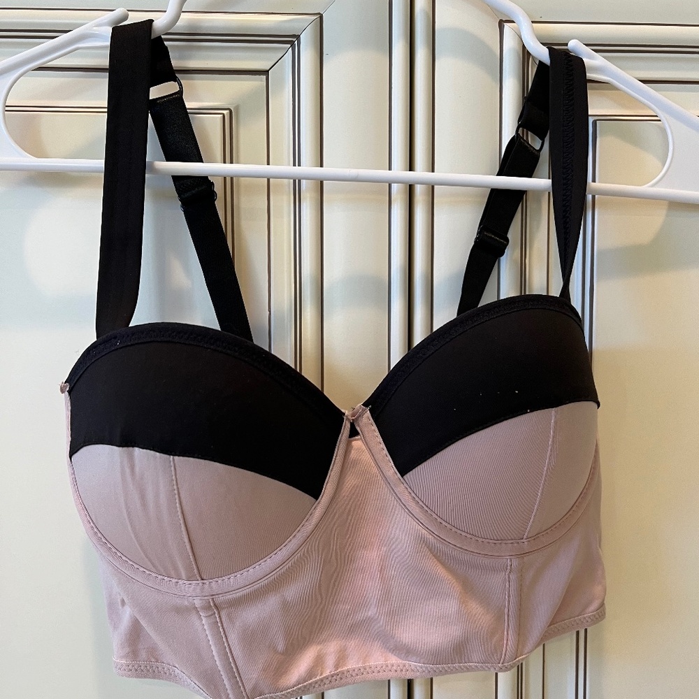 Bebe Corset Bustier Top M Medium Purple Pink Color Block Boned Strapless Womens